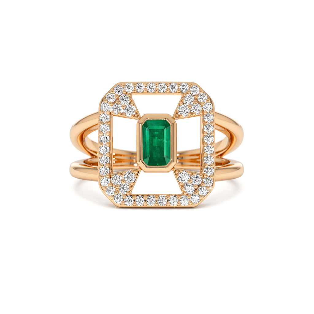 Art Deco Design Emerald Halo Ring in 14K Gold — view 5