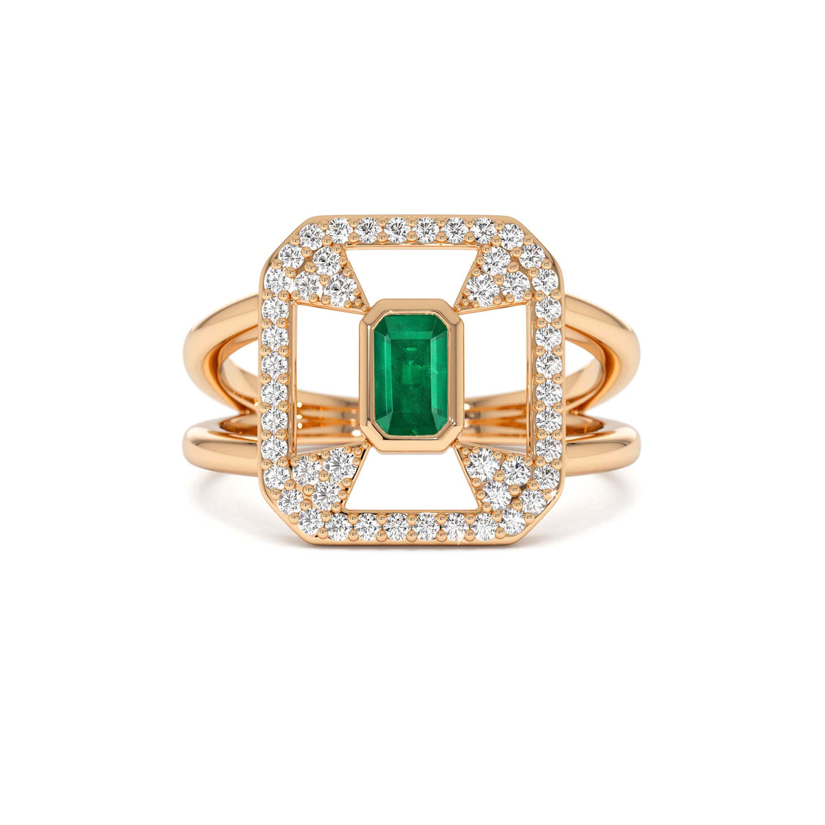Art Deco Design Emerald Halo Ring in 14K Gold — view 5