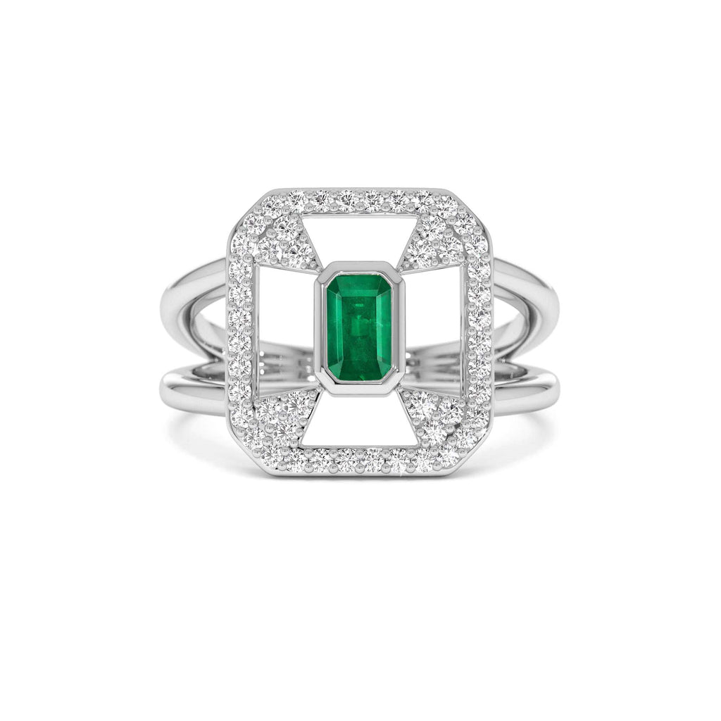 Art Deco Design Emerald Halo Ring in 14K Gold — view 4