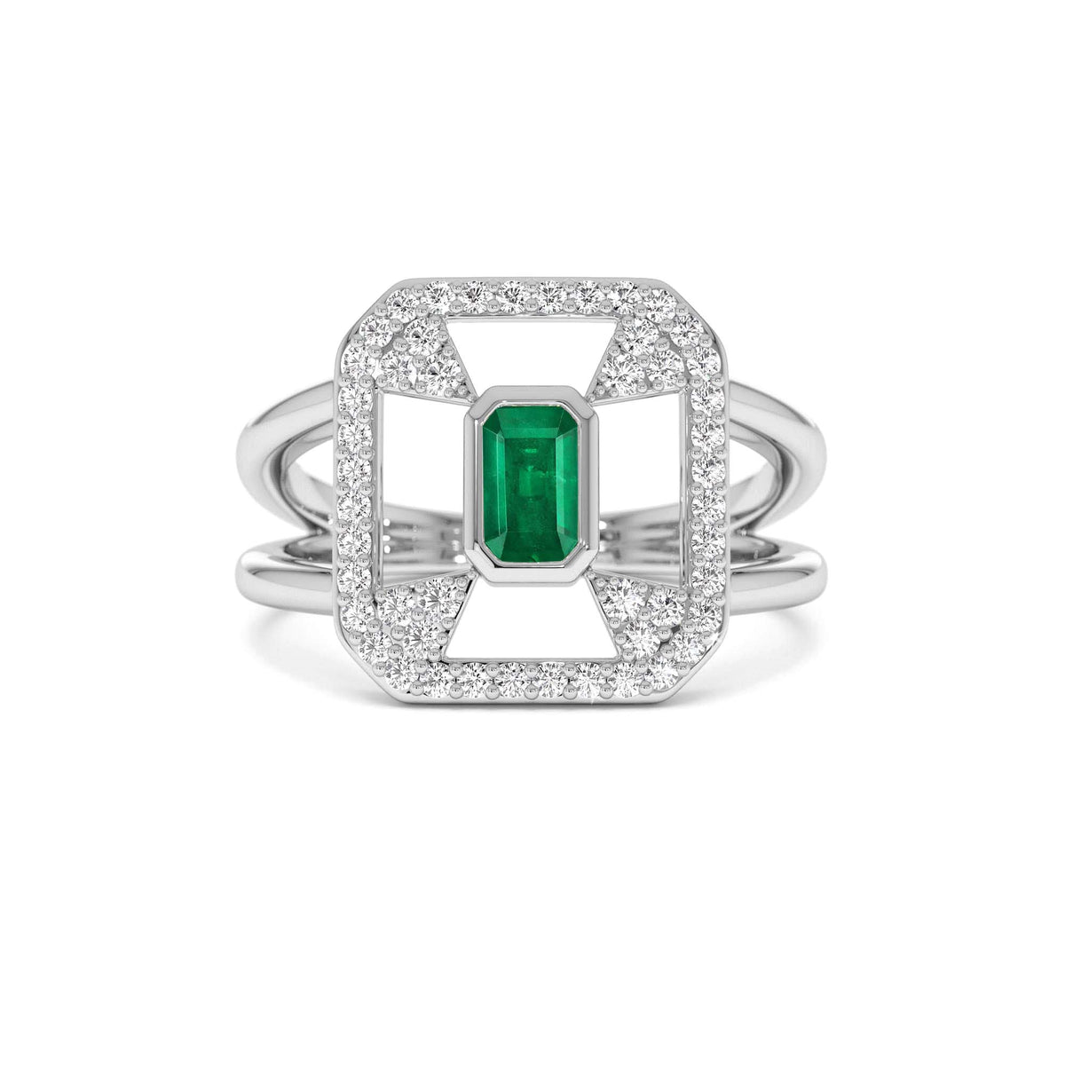 Art Deco Design Emerald Halo Ring in 14K Gold — view 4