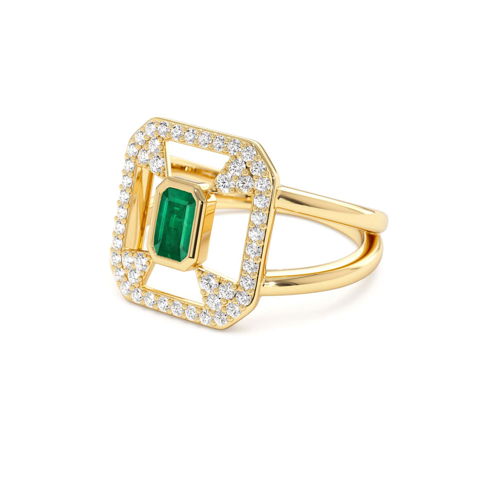 Art Deco Design Emerald Halo Ring in 14K Gold — view 2