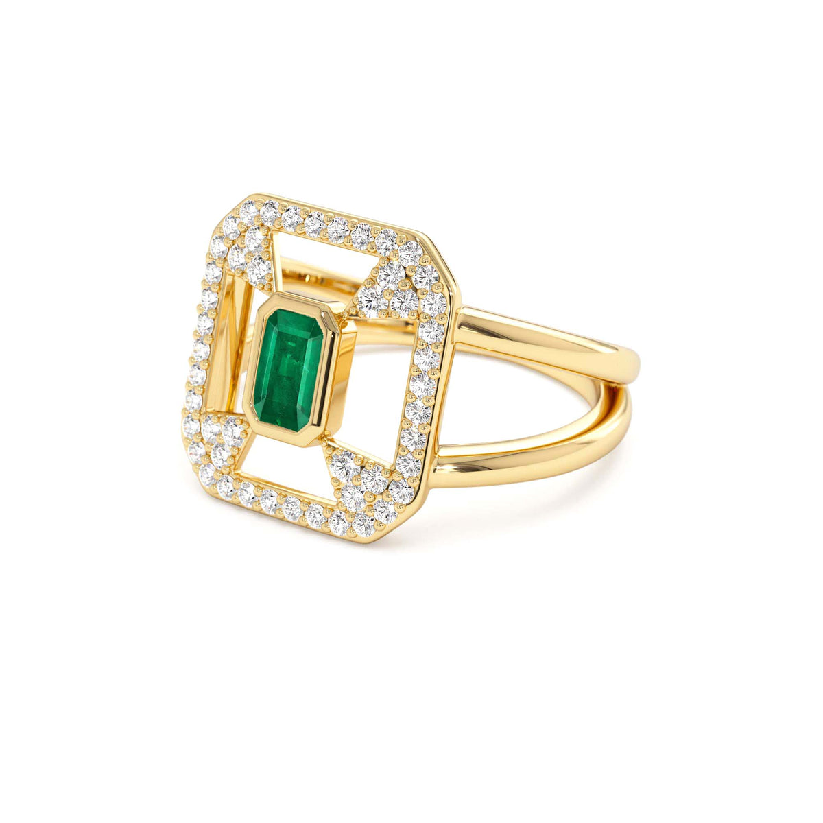 Art Deco Design Emerald Halo Ring in 14K Gold — view 2