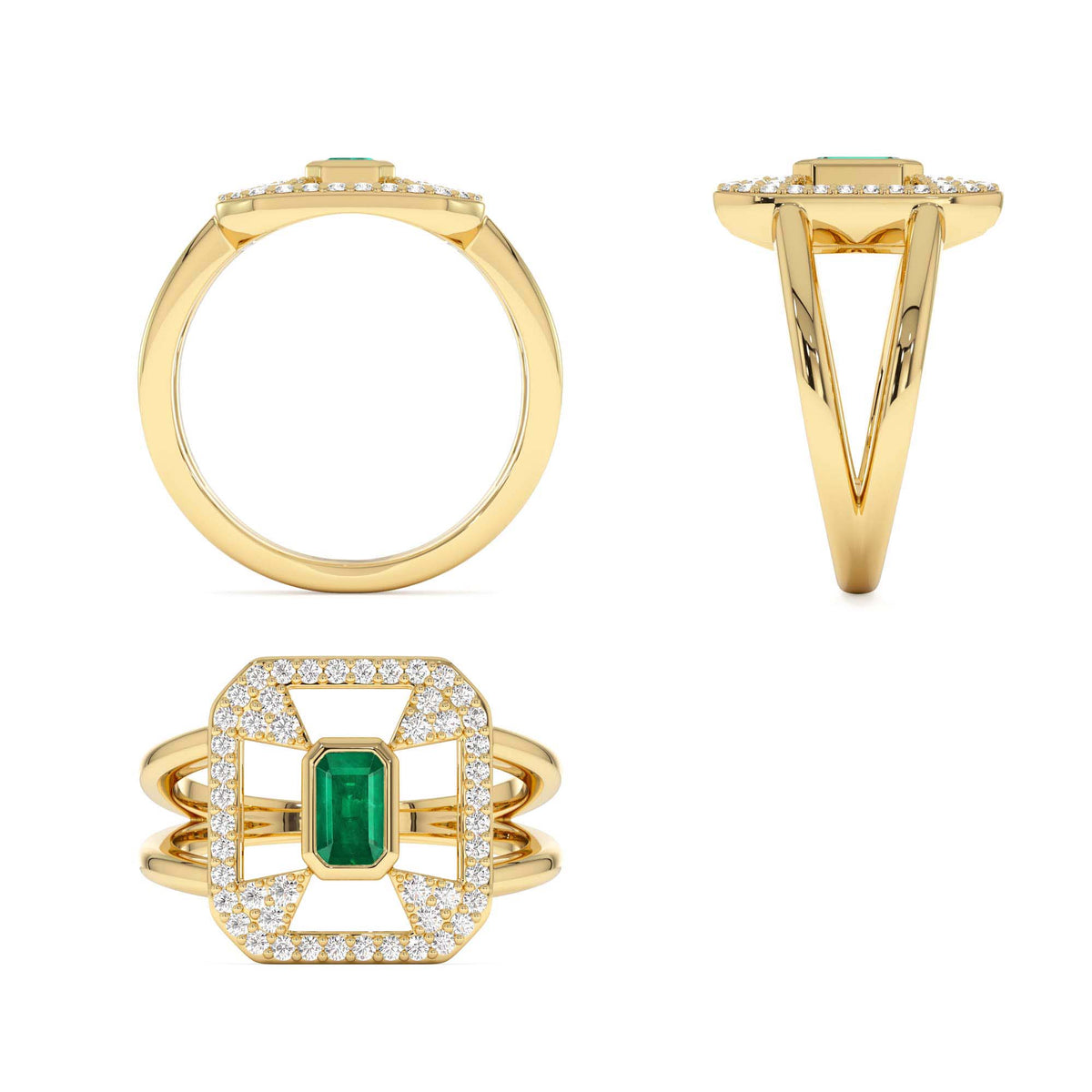 Art Deco Design Emerald Halo Ring in 14K Gold — view 3