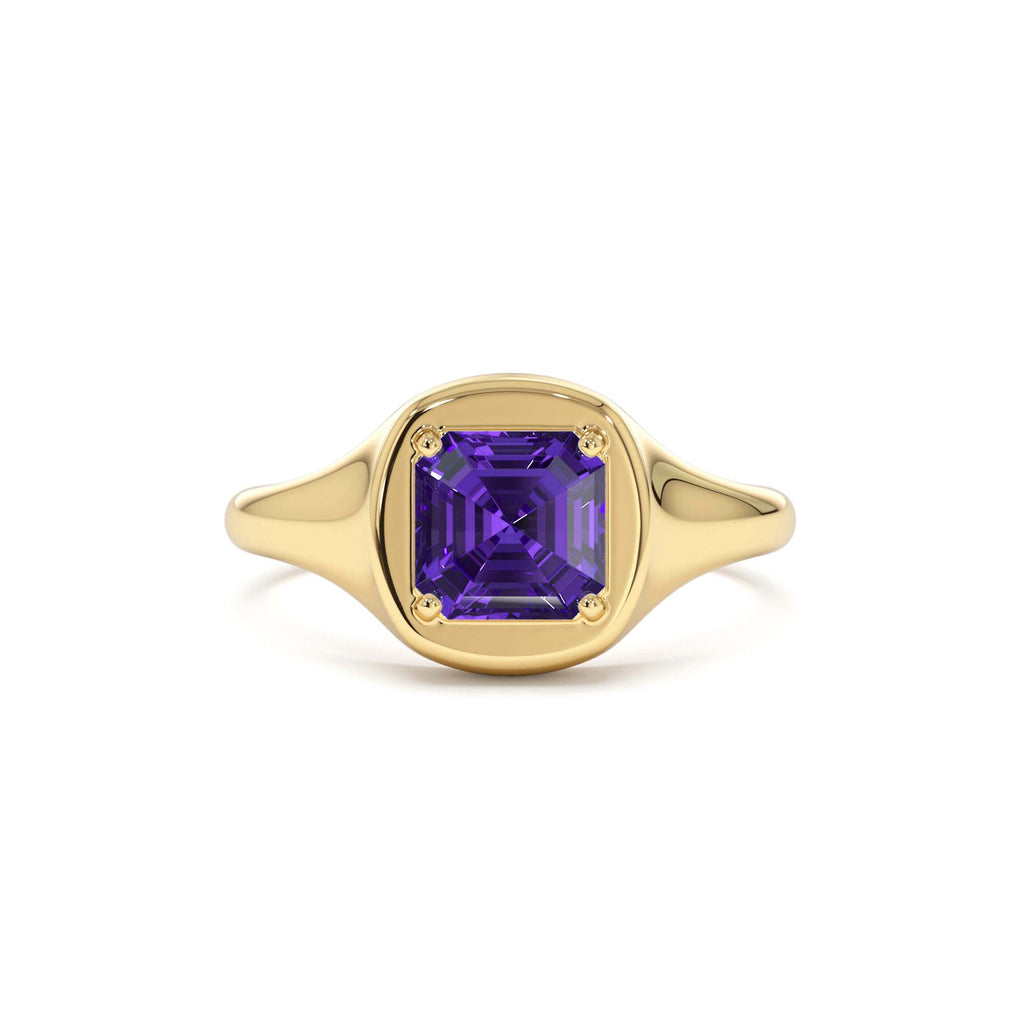 Asscher Cut Amethyst Signet Ring in 14K Gold — view 1