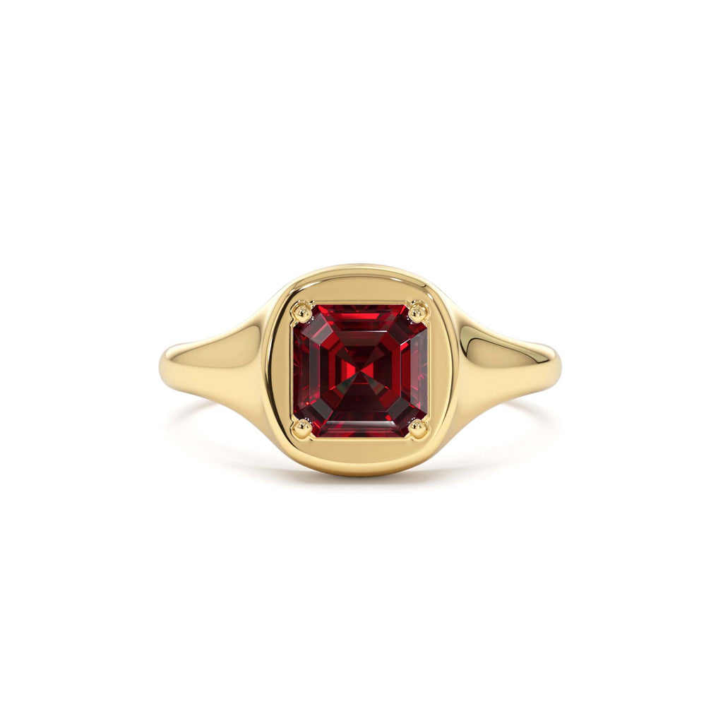 Asscher Cut Garnet Signet Ring in 14K Gold — view 1
