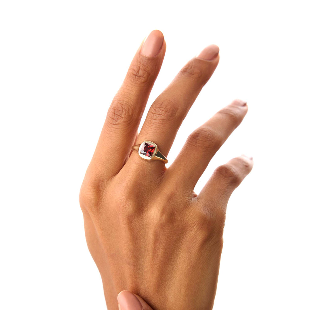 Asscher Cut Garnet Signet Ring in 14K Gold — view 6
