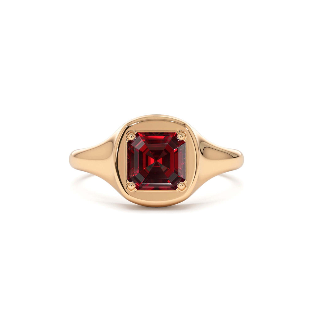 Asscher Cut Garnet Signet Ring in 14K Gold — view 5