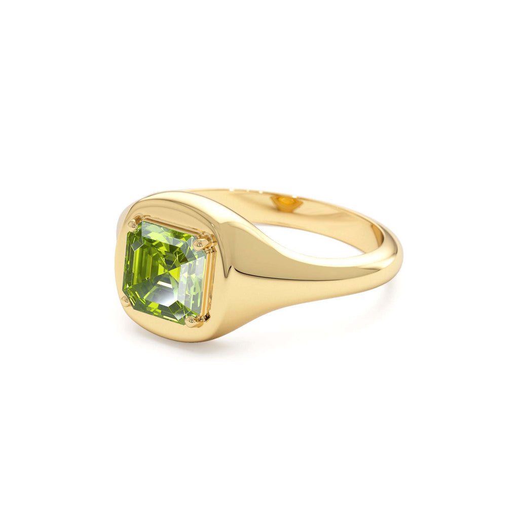 Asscher Cut Peridot Signet Ring in 14K Gold — view 2