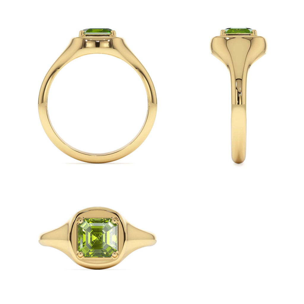 Asscher Cut Peridot Signet Ring in 14K Gold — view 3