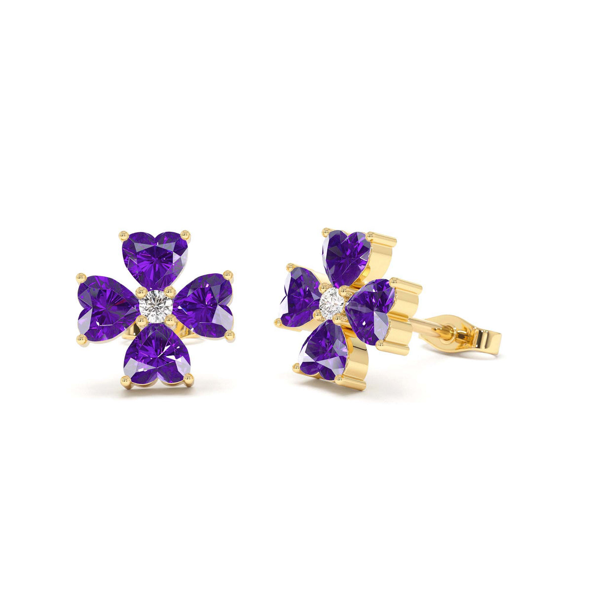 Amethyst Four Leaf Clover Studs in 14K Gold — view 1
