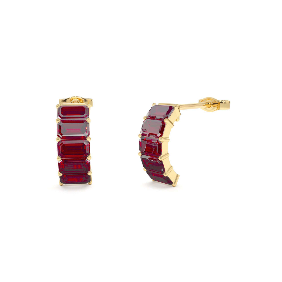 Emerald Cut Garnet Half Hoop Earrings in 14K Gold — view 1