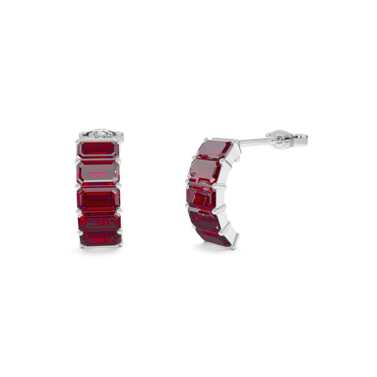 Emerald Cut Garnet Half Hoop Earrings in 14K Gold — view 3