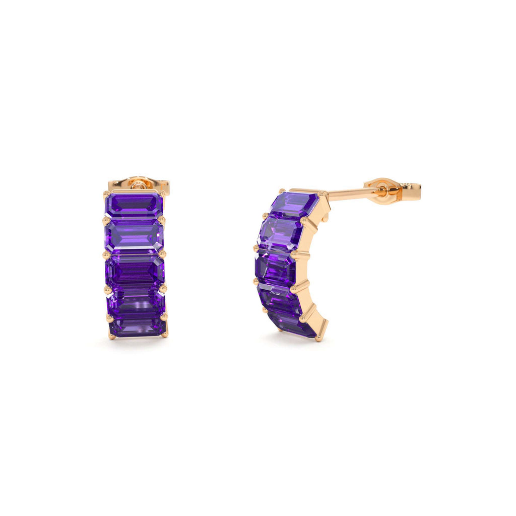 Emerald Cut Amethyst Half Hoop Earrings in 14K Gold — view 4