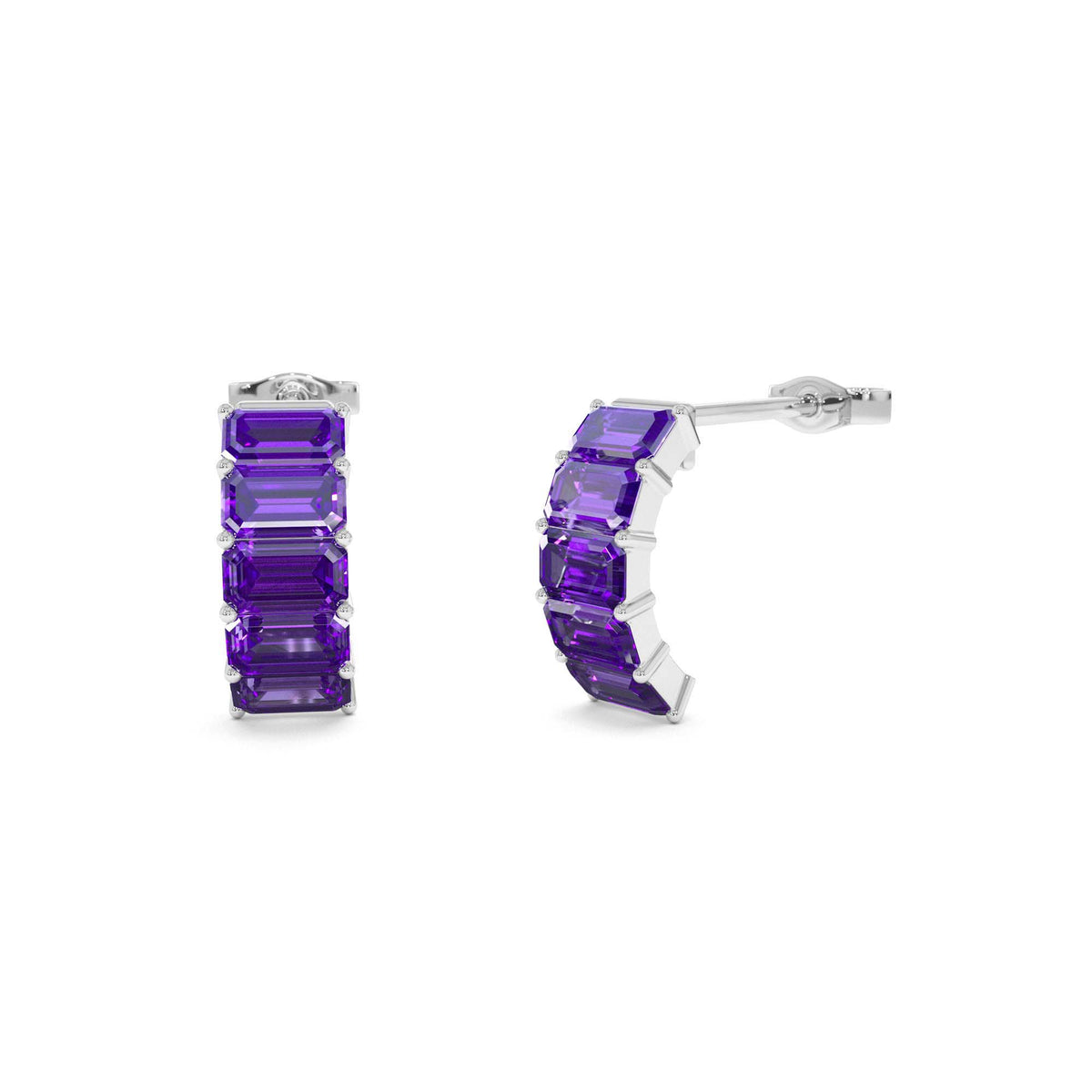 Emerald Cut Amethyst Half Hoop Earrings in 14K Gold — view 3