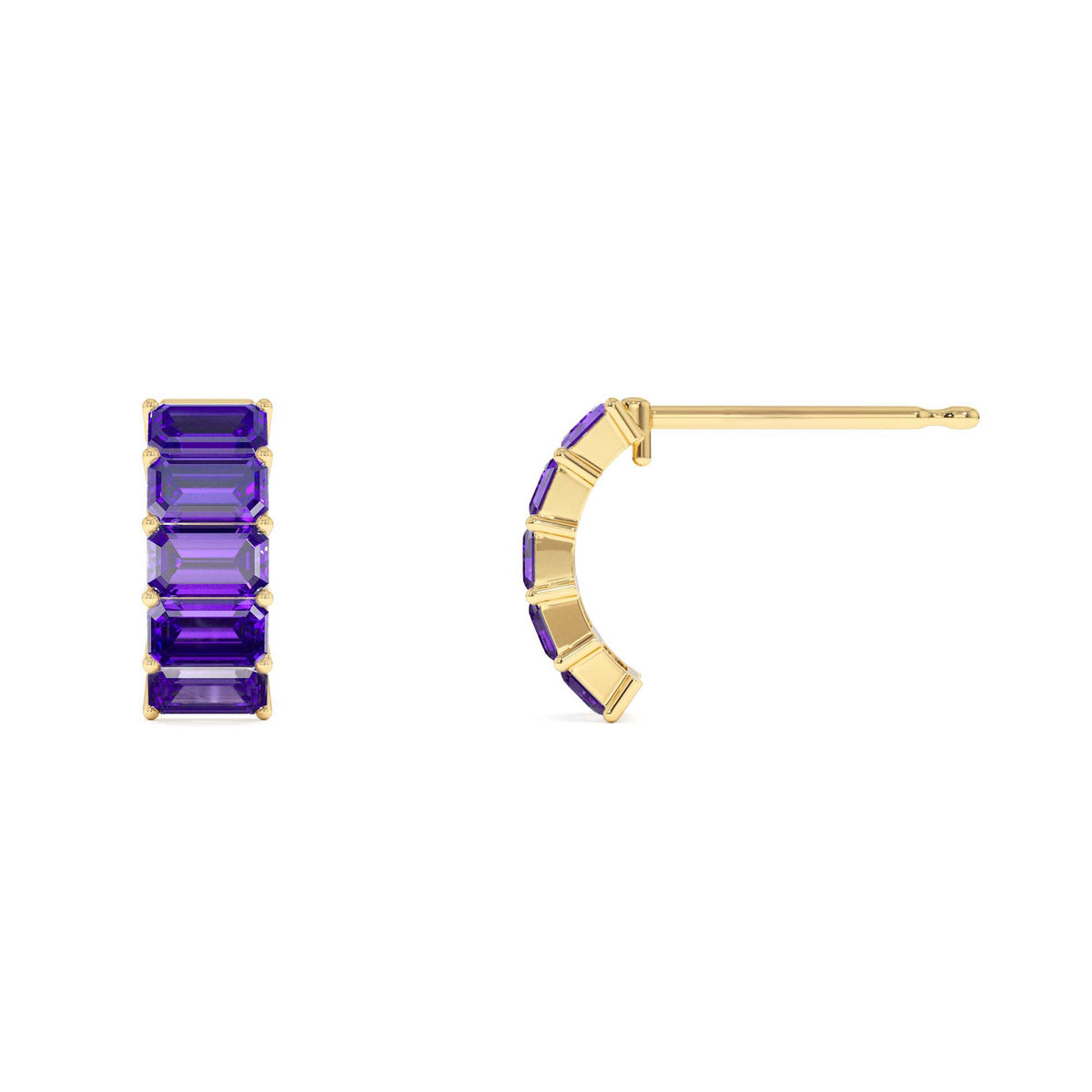 Emerald Cut Amethyst Half Hoop Earrings in 14K Gold — view 2
