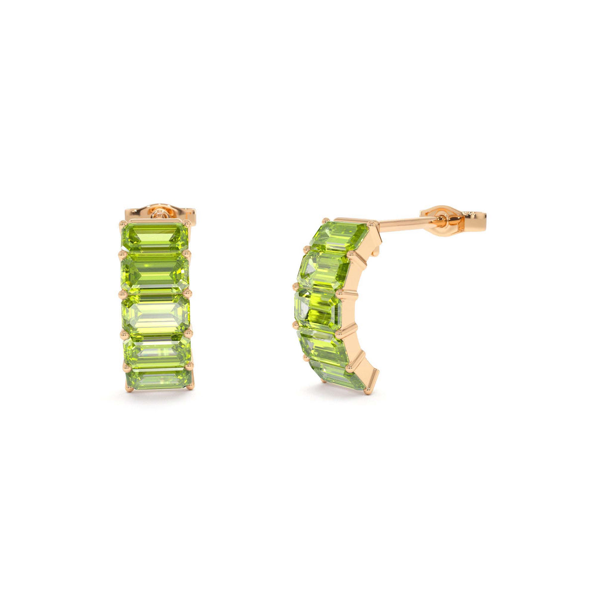 Emerald Cut Peridot Half Hoop Earrings in 14K Gold — view 4