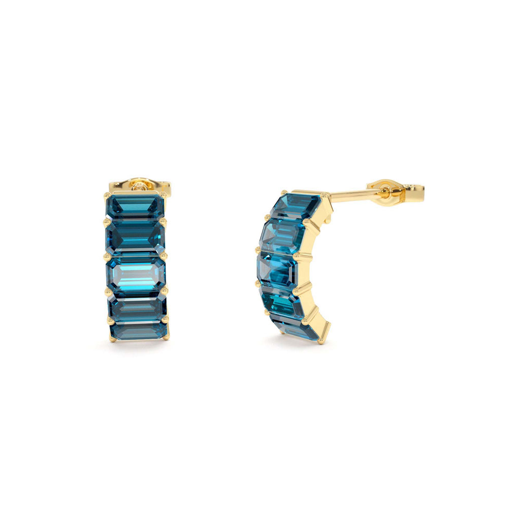 Emerald Cut London Blue Topaz Half Hoop Earrings in 14K Gold — view 1