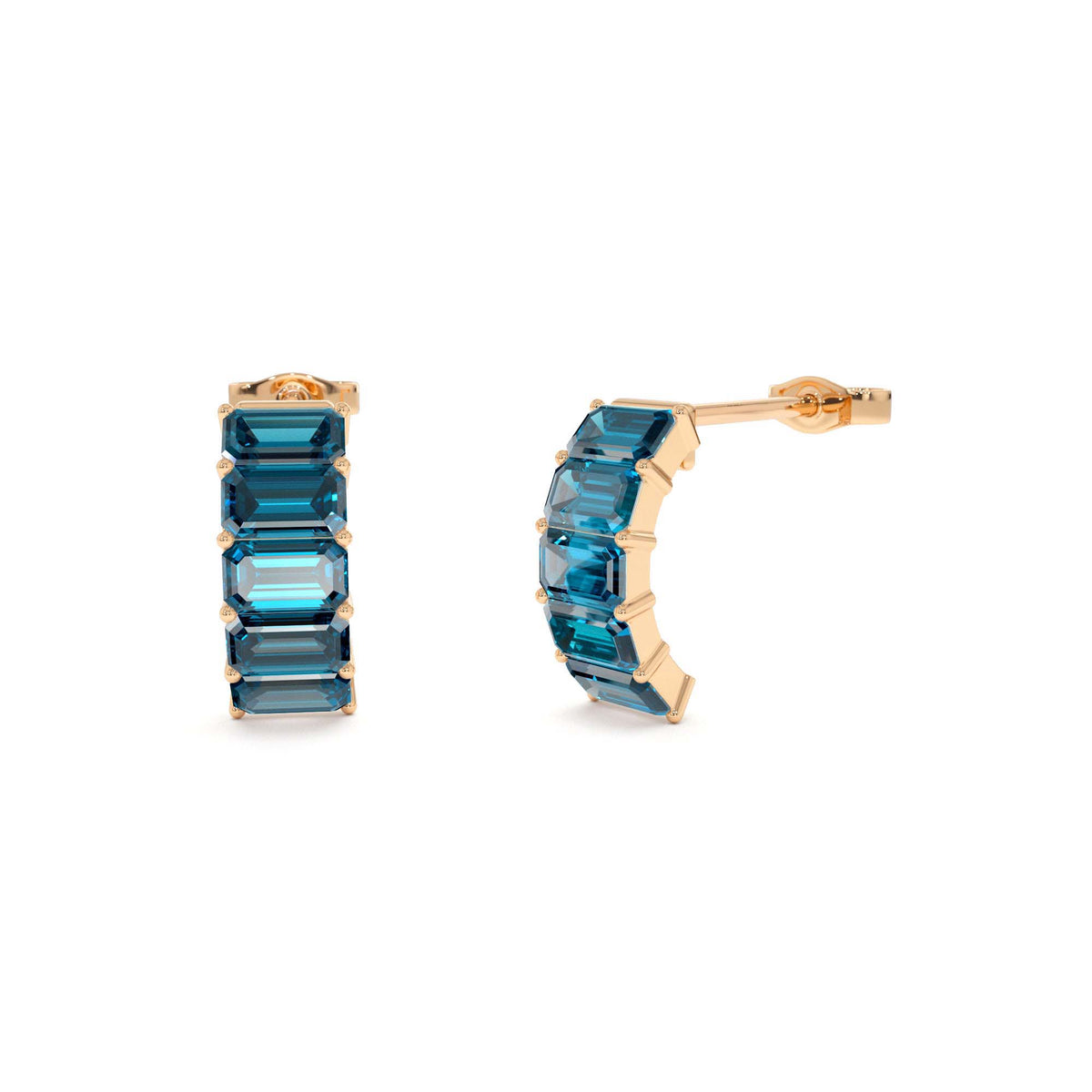 Emerald Cut London Blue Topaz Half Hoop Earrings in 14K Gold — view 4