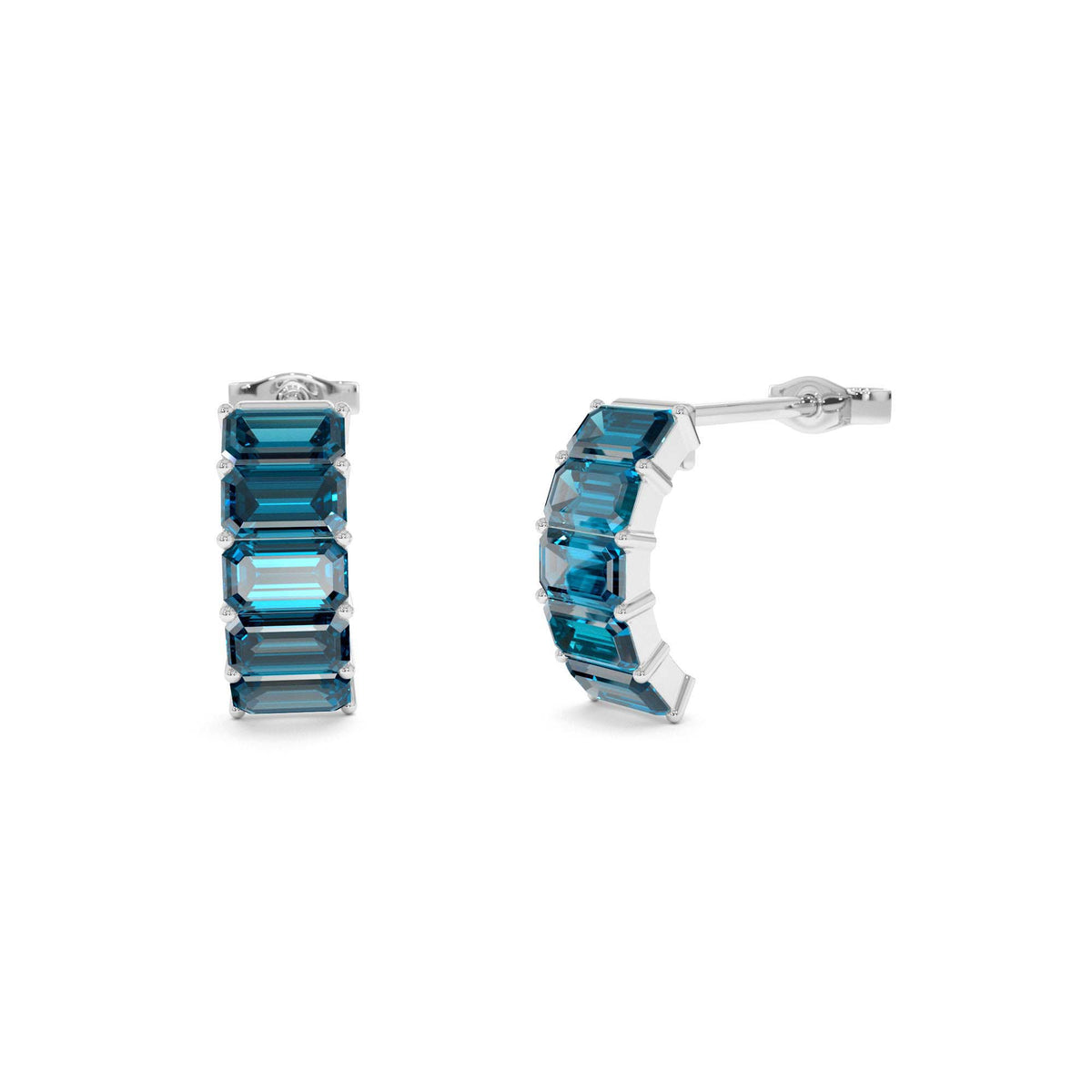 Emerald Cut London Blue Topaz Half Hoop Earrings in 14K Gold — view 3