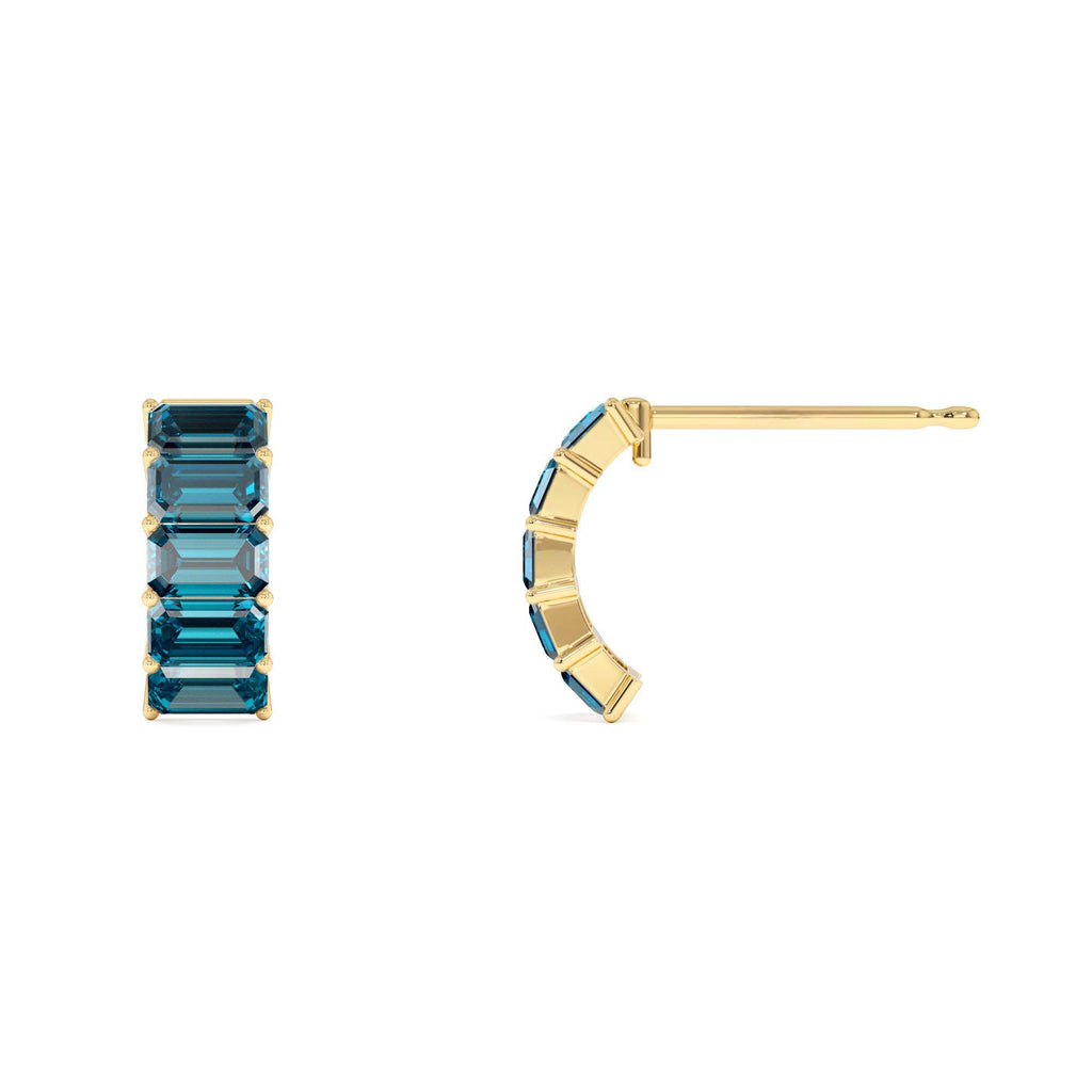 Emerald Cut London Blue Topaz Half Hoop Earrings in 14K Gold — view 2