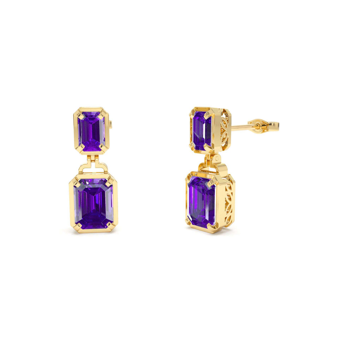 Emerald Amethyst Dangle Drop Earrings in 14K Gold — view 1