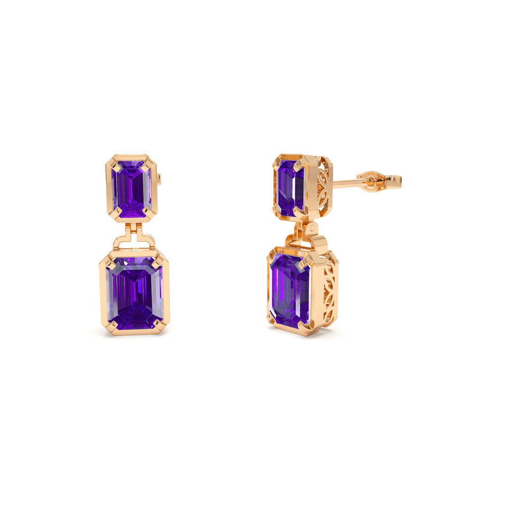 Emerald Amethyst Dangle Drop Earrings in 14K Gold — view 4