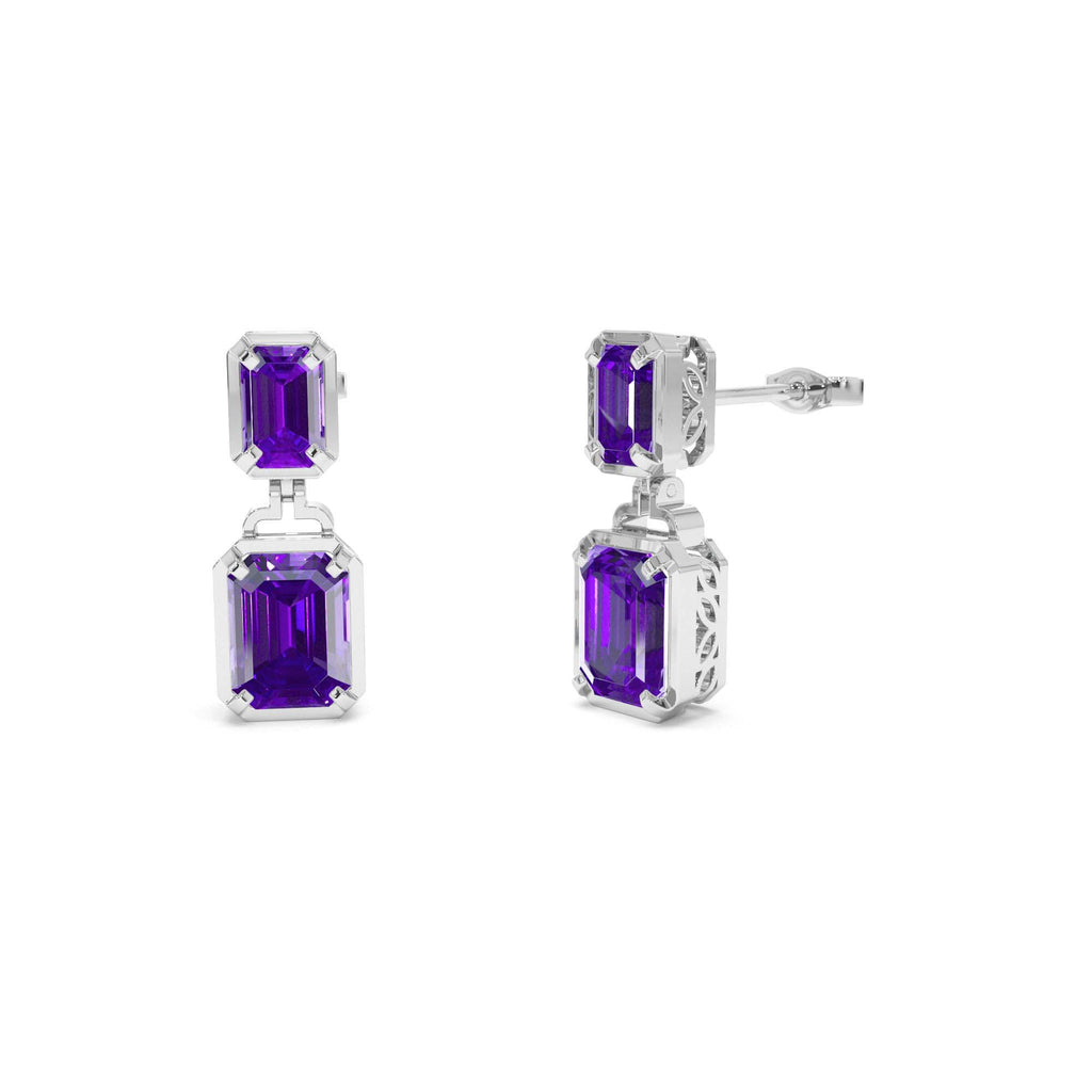 Emerald Amethyst Dangle Drop Earrings in 14K Gold — view 3