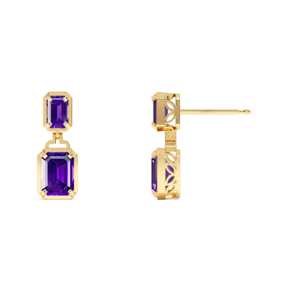 Emerald Amethyst Dangle Drop Earrings in 14K Gold — view 2