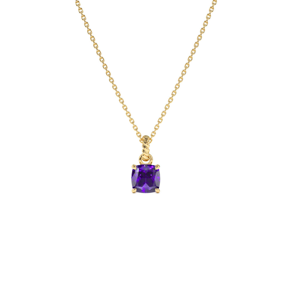 Cushion Cut Amethyst Solitaire Necklace in 14K Gold — view 1