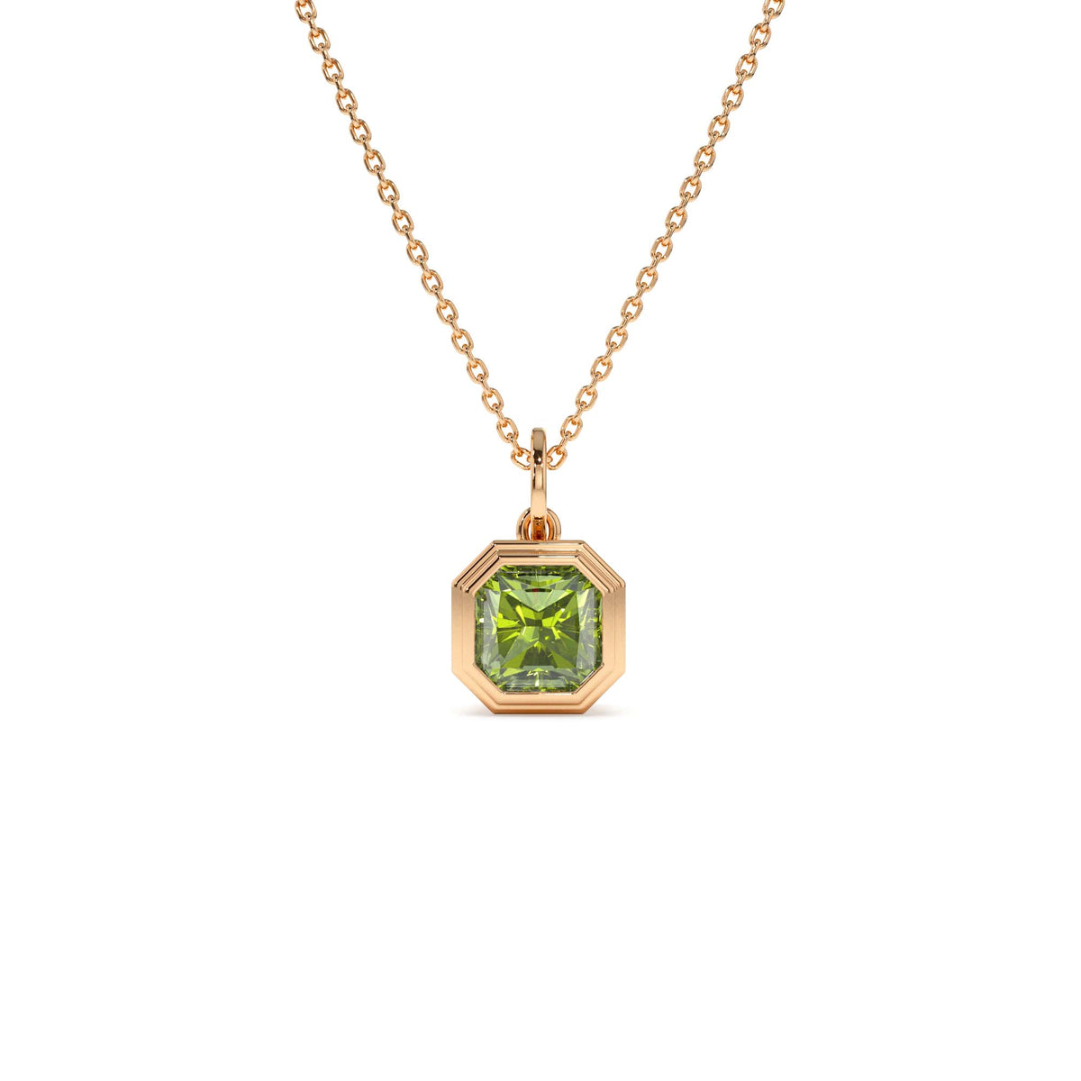 Asscher Cut Bezel Set Peridot Necklace in 14K Gold — view 3