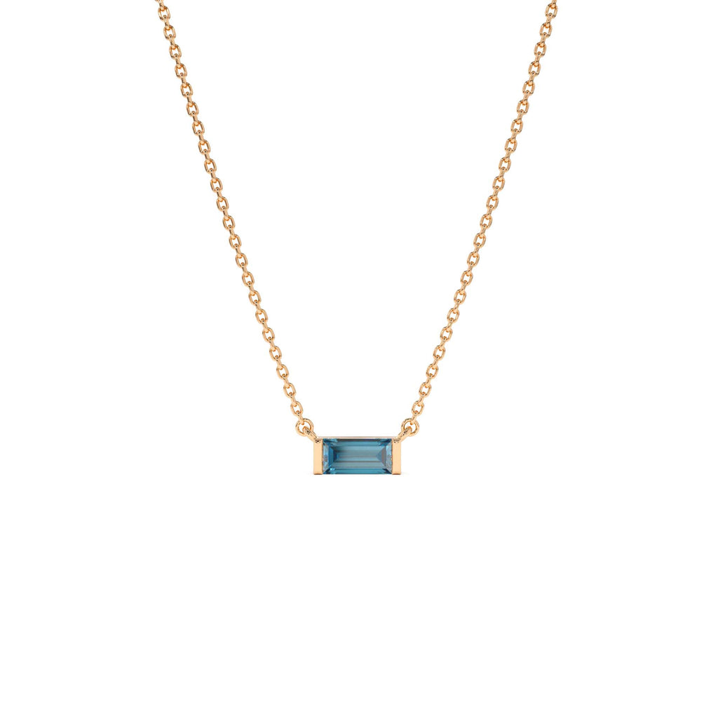 Baguette London Blue Topaz Dainty Birthstone Necklace in 14K Gold — view 3