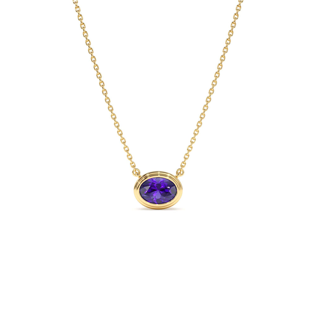 Oval Shape Bezel Set Amethyst Necklace in 14K Gold — view 1