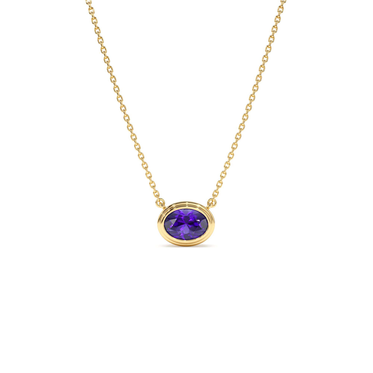 Oval Shape Bezel Set Amethyst Necklace in 14K Gold — view 1
