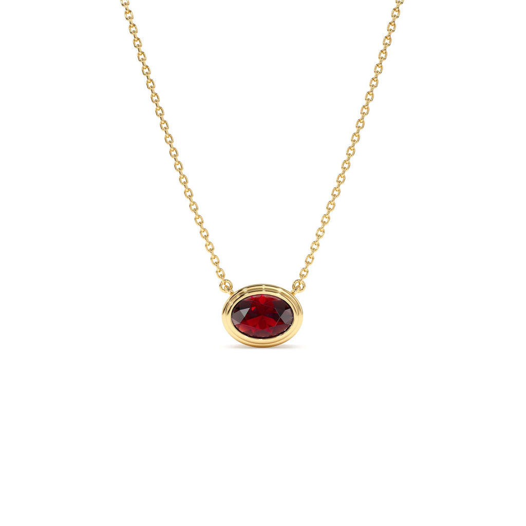 Oval Shape Bezel Set Garnet Necklace in 14K Gold — view 1