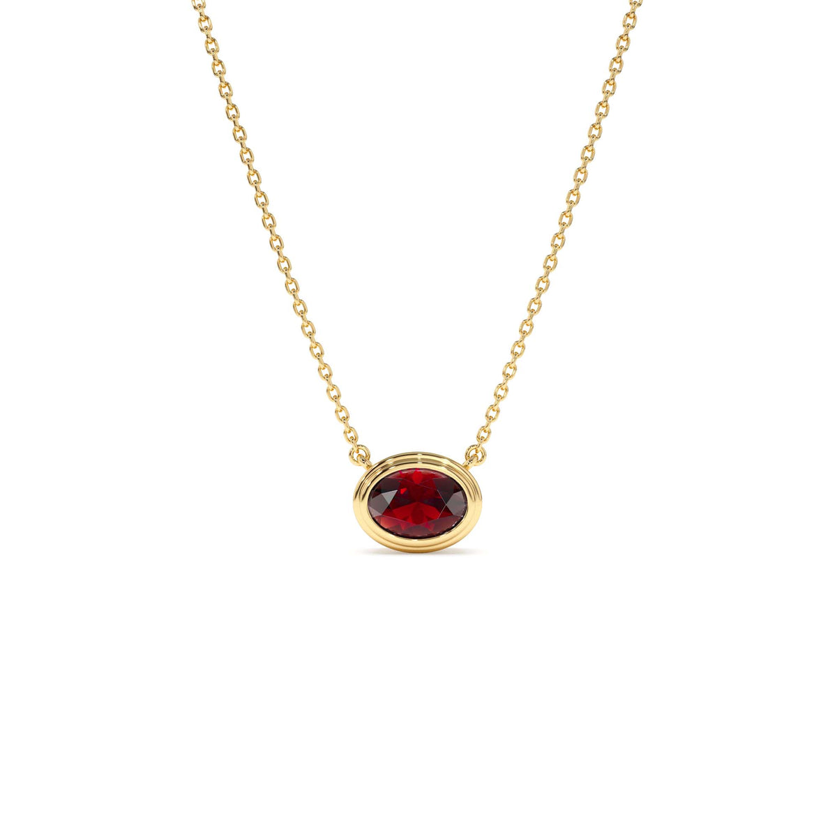 Oval Shape Bezel Set Garnet Necklace in 14K Gold — view 1