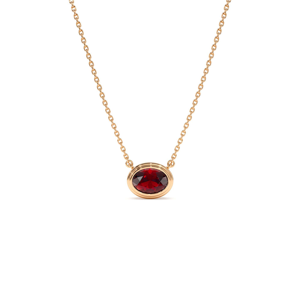 Oval Shape Bezel Set Garnet Necklace in 14K Gold — view 3