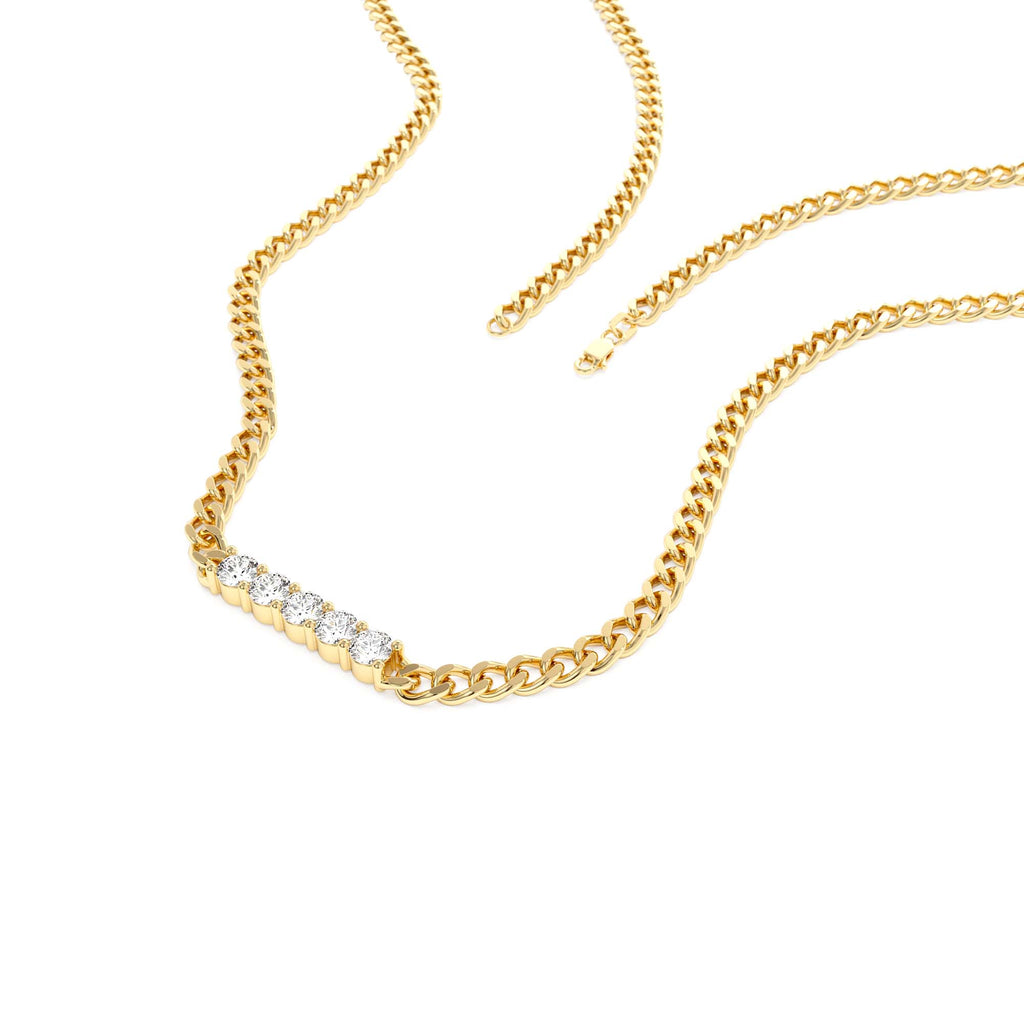 Diamond Bar Cuban Chain Necklace in 14K Gold — view 2