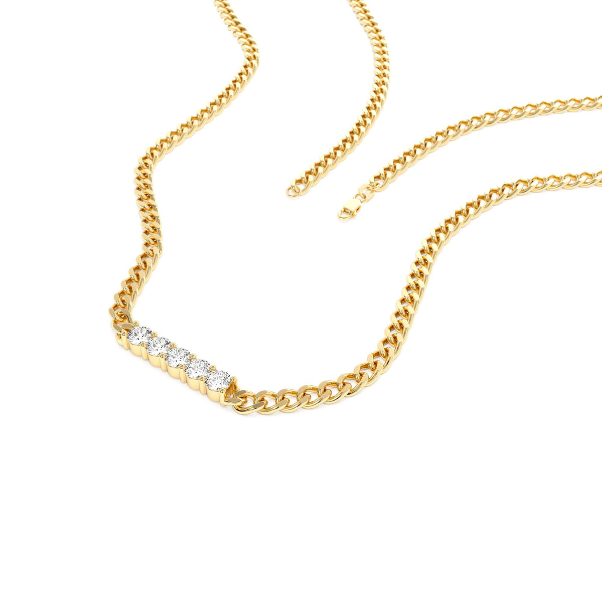 Diamond Bar Cuban Chain Necklace in 14K Gold — view 2