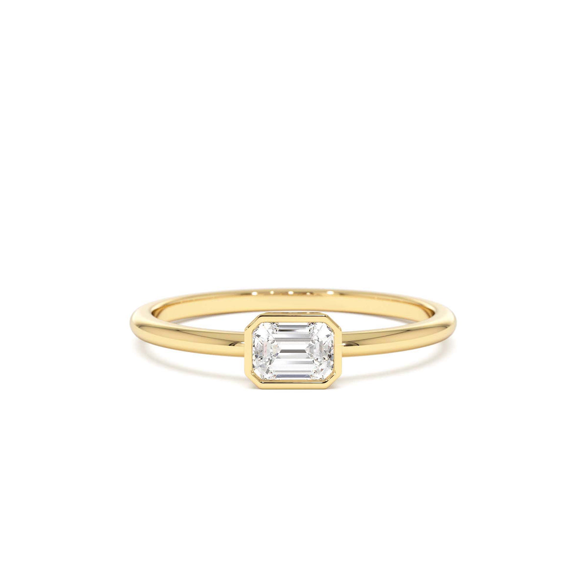 Bezel Set Emerald Cut Diamond Solitaire Ring in 14K Gold — view 1