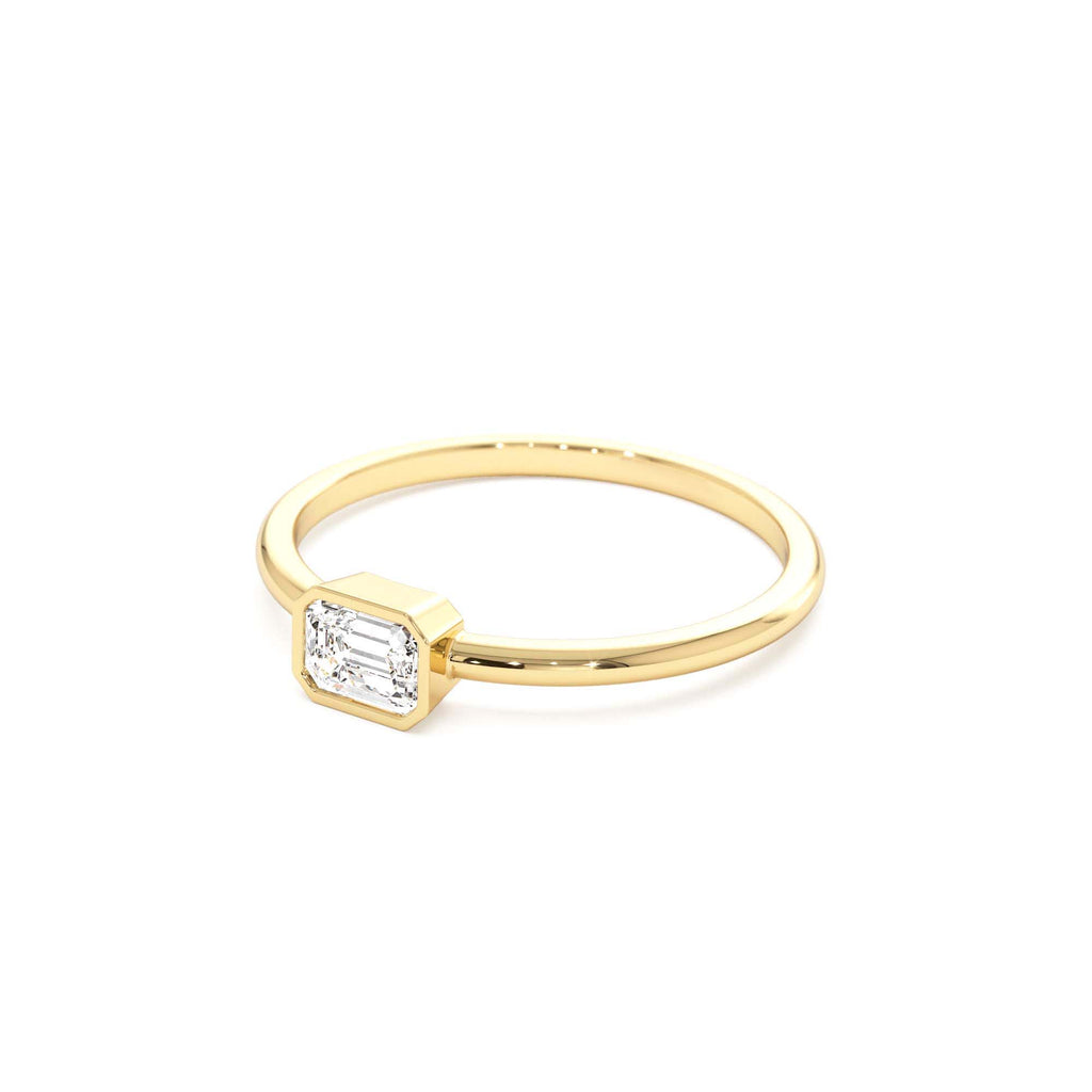 Bezel Set Emerald Cut Diamond Solitaire Ring in 14K Gold — view 2