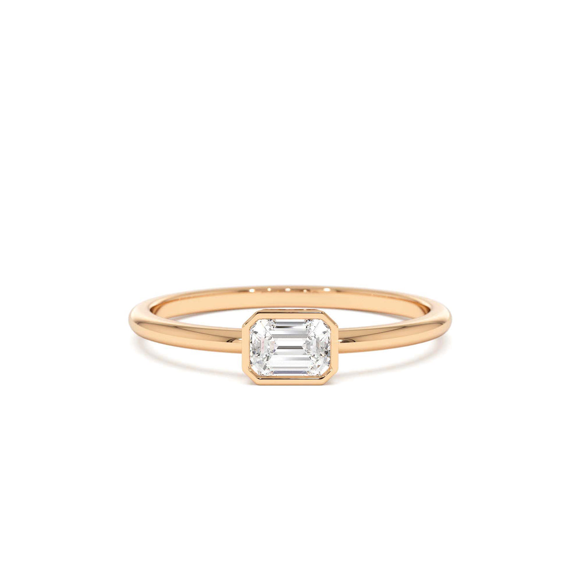Bezel Set Emerald Cut Diamond Solitaire Ring in 14K Gold — view 5