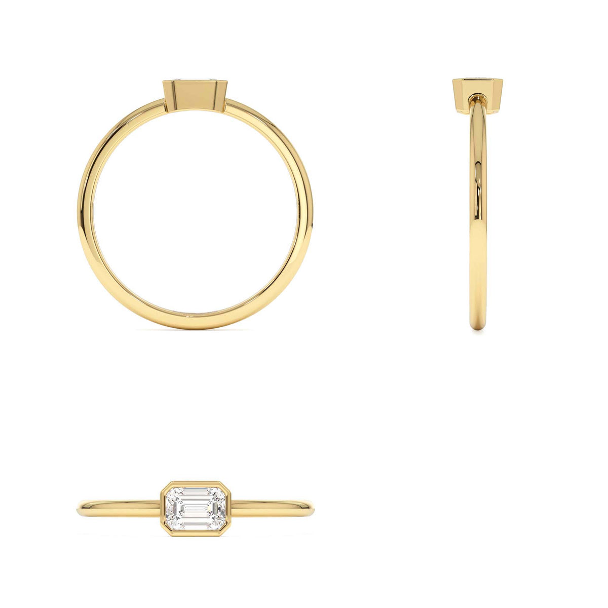 Bezel Set Emerald Cut Diamond Solitaire Ring in 14K Gold — view 3