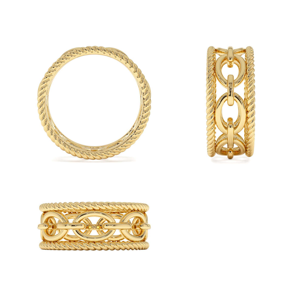 Rope Chain Link Unique Ring in 14K Gold — view 3