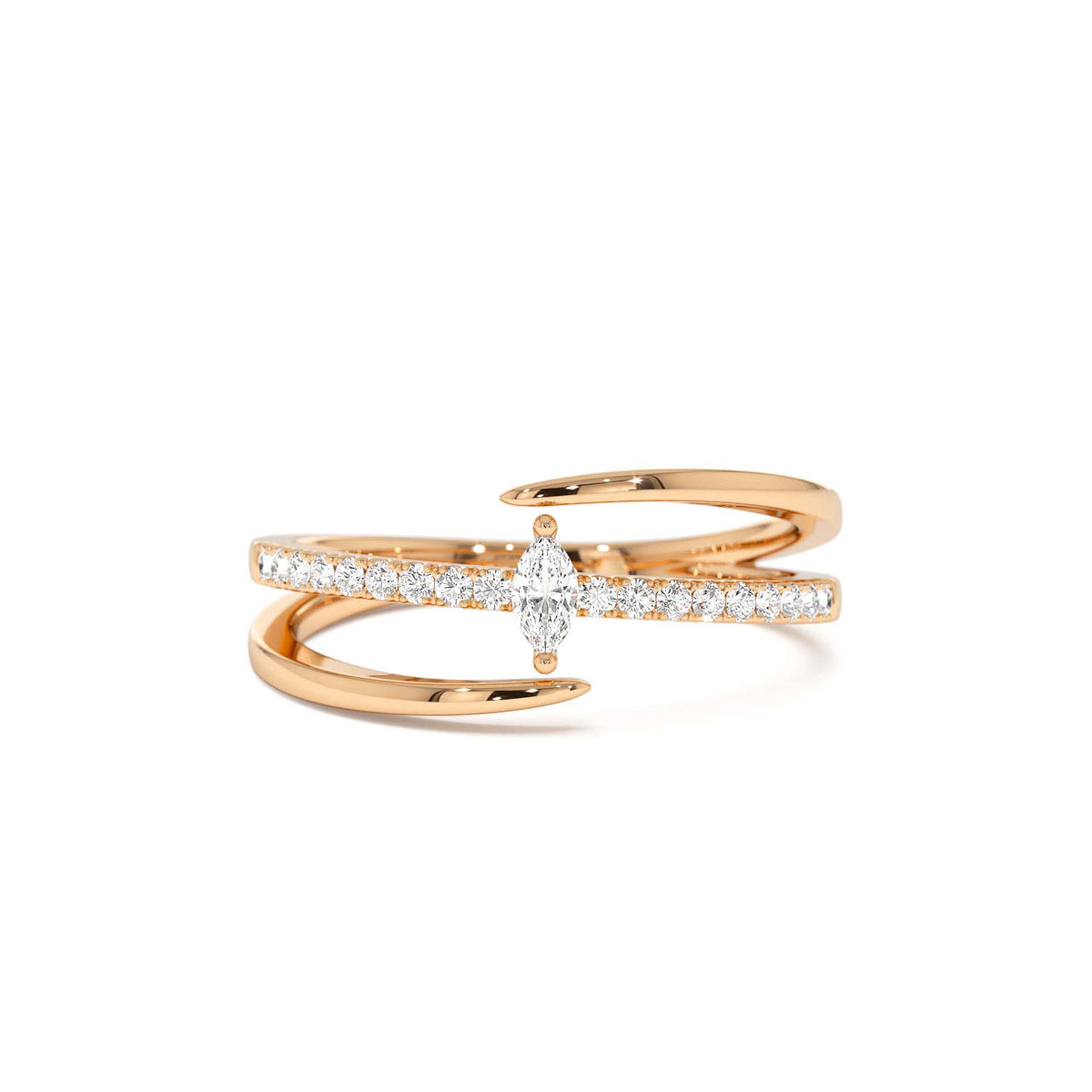 Double Band Marquise Diamond Ring with Pavé Accents in 14K Gold — view 5