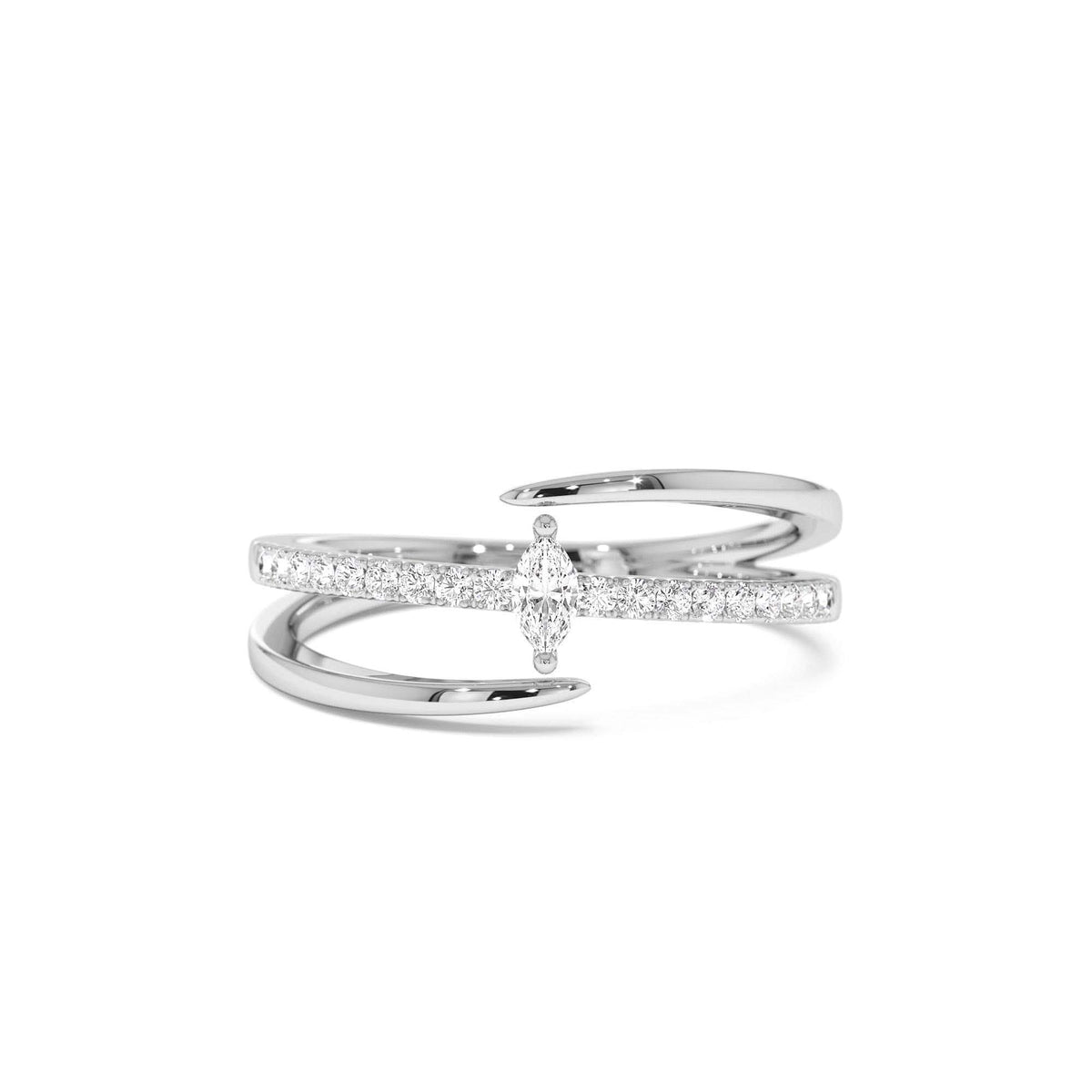 Double Band Marquise Diamond Ring with Pavé Accents in 14K Gold — view 4