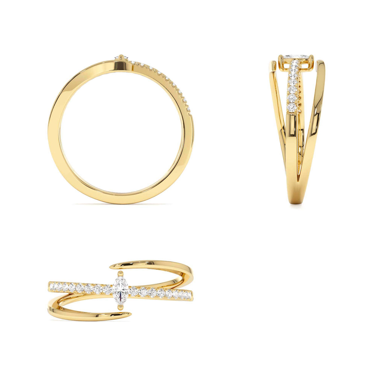 Double Band Marquise Diamond Ring with Pavé Accents in 14K Gold — view 3