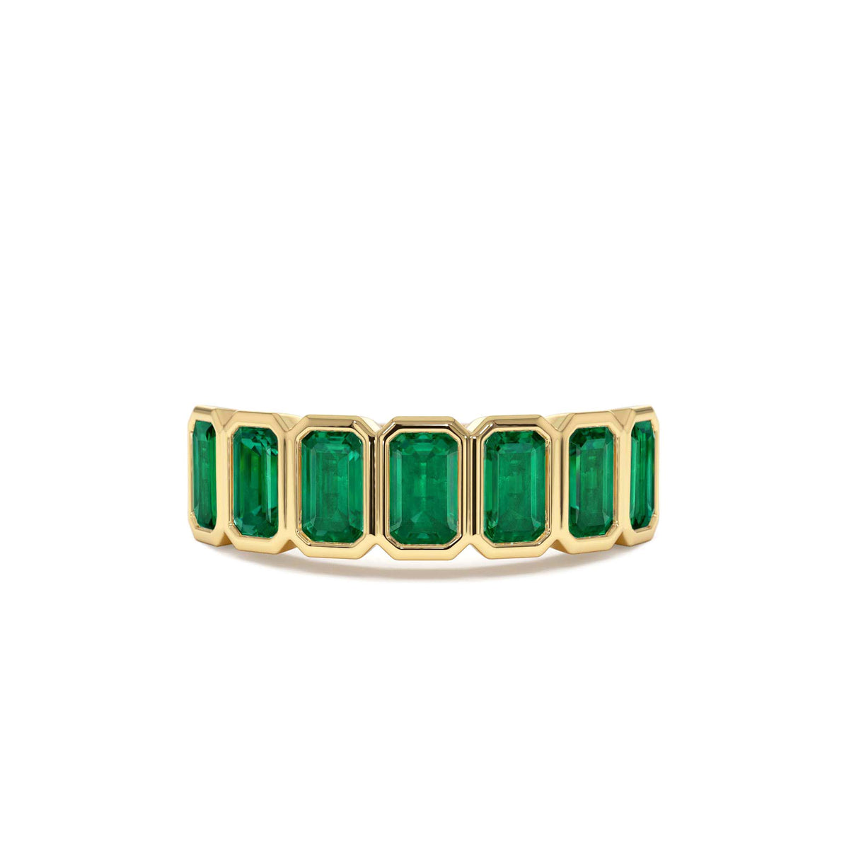 Seven Stone Bezel Setting Emerald RIng in 14K Gold — view 1