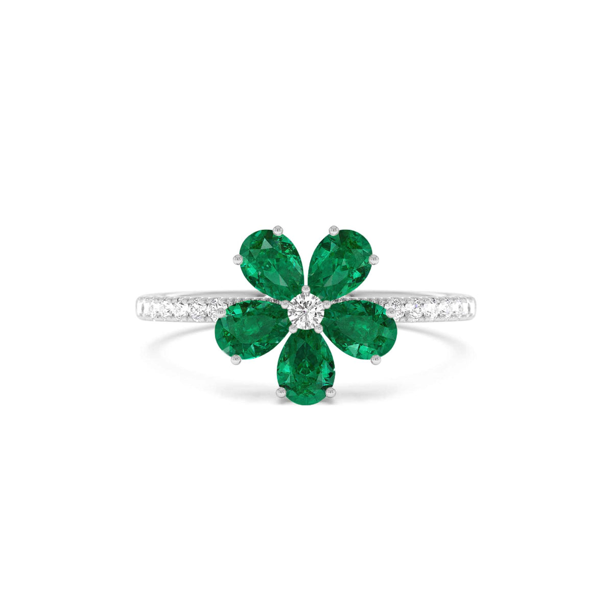 Five-Leaf Emerald and Diamond Ring in 14K Gold — view 4