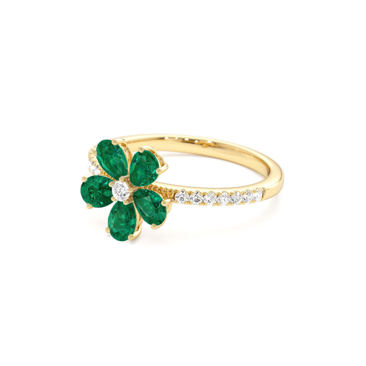 Five-Leaf Emerald and Diamond Ring in 14K Gold — view 2