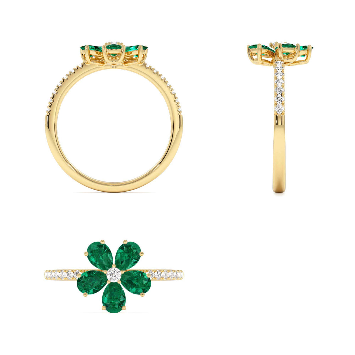 Five-Leaf Emerald and Diamond Ring in 14K Gold — view 3